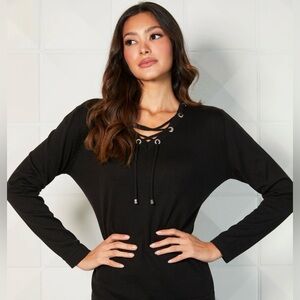 Calvin Klein Black Lace-Up V-Neck Knit Top With Zip Sleeves Size M